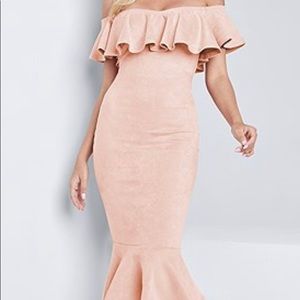 Blush Pink, faux suede off the shoulder mermaid dress by Venus